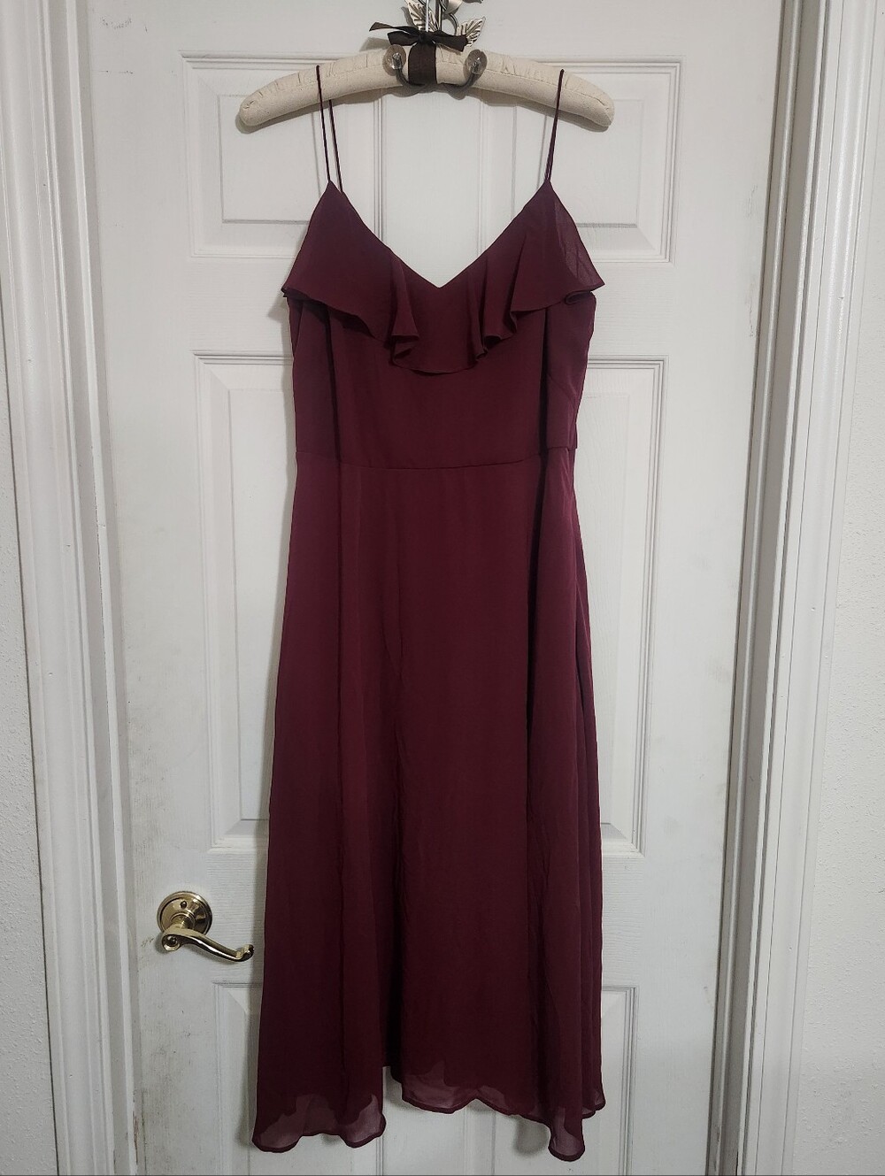 Women's Burgundy Ruffle-Trim Spaghetti Strap Dress